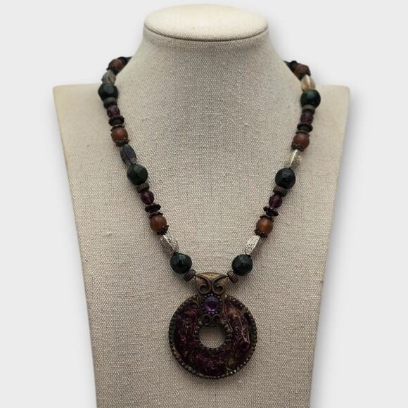 Chico’s Boho Beaded Statement Necklace with Round Pendant Purple Gem - Picture 1 of 8